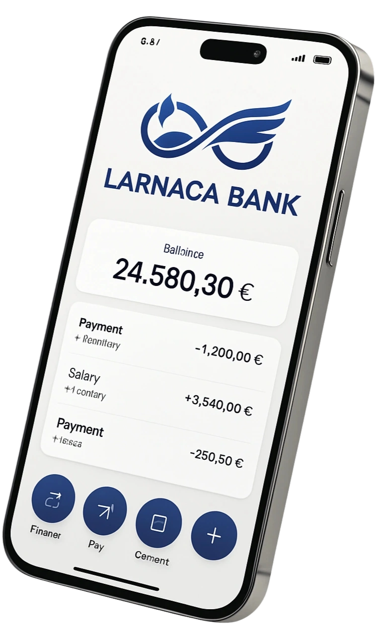 Téléphone affichant l'application bancaire de LARNACA BANK